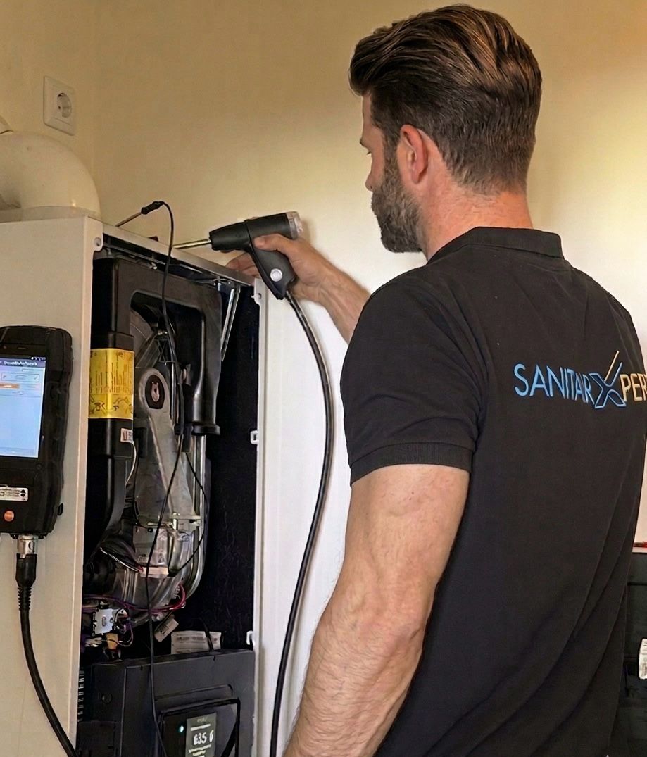SanitairXpert technieker bij onderhoud verwarmingsketel