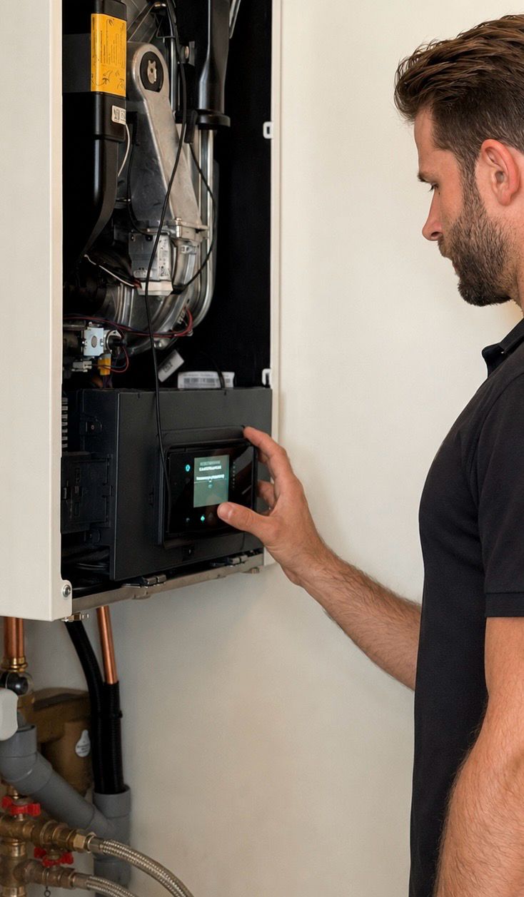 Technieker van SanitairXpert bedient het scherm van een condensatieketel