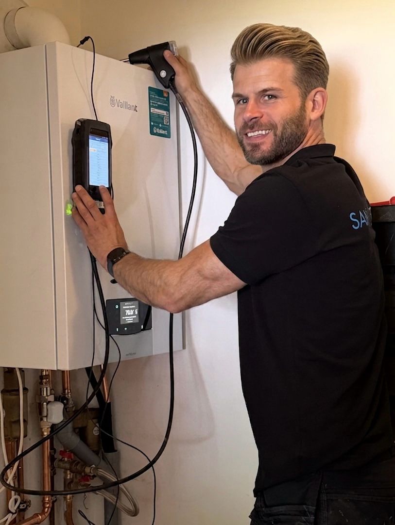 Technieker voert onderhoud uit aan een Vaillant verwarmingsketel