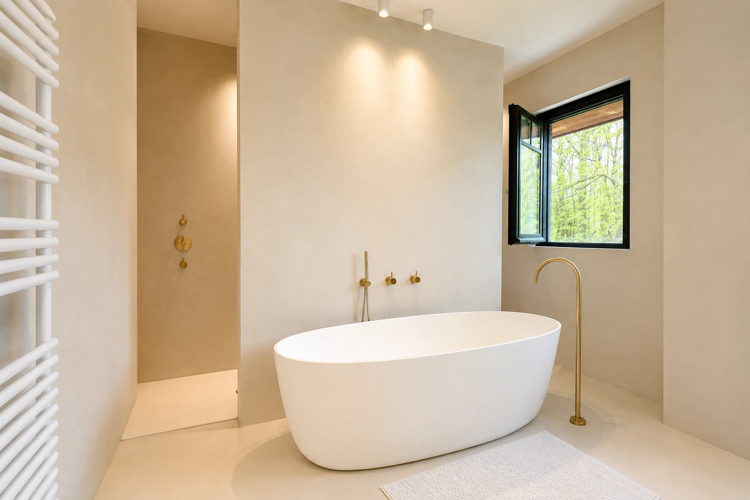Moderne badkamer met inloopdouche en warme verlichting